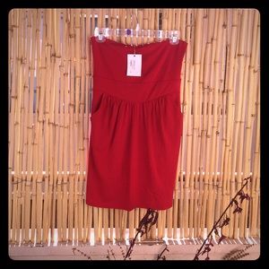 Red strapless mini dress with pockets